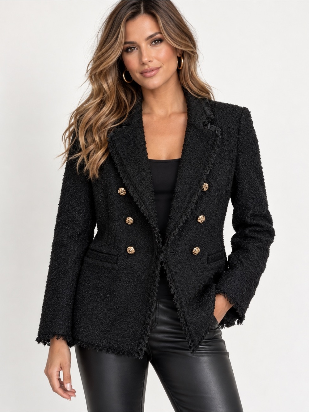 Dennis by Dennis Bassco NWT Gold Bouclé Fringe Double Breasted Blazer Size 12